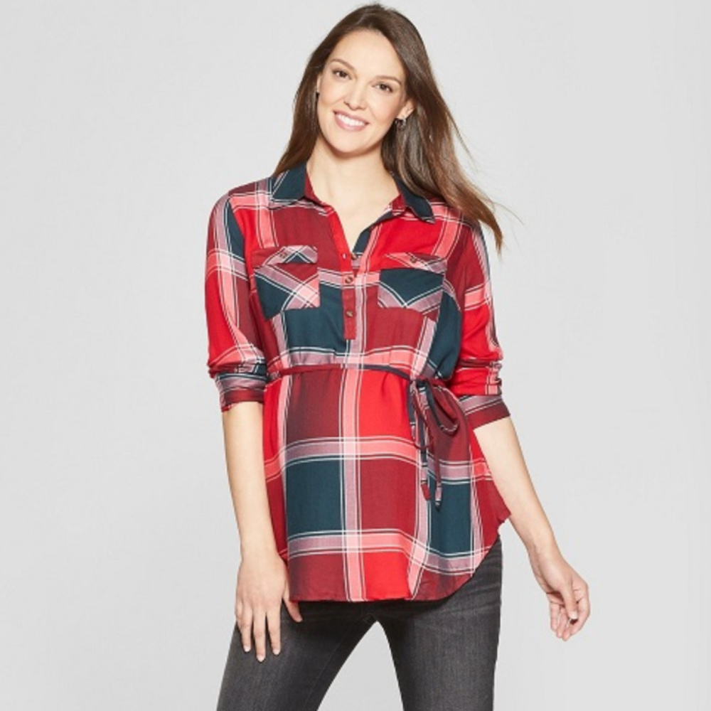 Maternity top Plaid Long Sleeve Popover Tunic